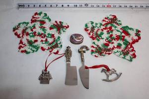lot 237 image: Holiday Christmas Set Cheese Knives, Ornaments, and Trinket Box