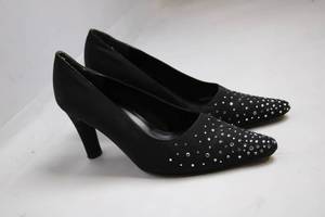 lot 252 image: Pair of LAsher Black Suede Heels with Rhinestone Toe Accents, Size 7.5M