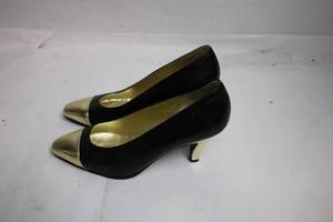 lot 253 image: Pair of Denis Comneau Size 7 Black & Gold Pumps