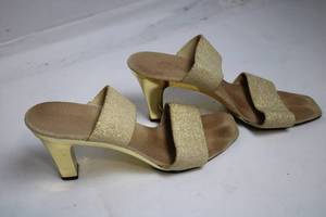 lot 266 image: Pair of Shimmery Gold Heeled Sandals with Dual Straps