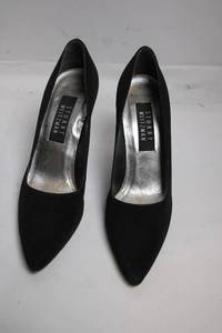 lot A-270 image: Stuart Weitzman Black Suede Pointed Toe Pumps with Embellished Heels