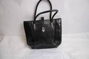 lot 289 image: Black Leather Handbag with Intricate Silver Accent & Vintage Wooden Cabinet