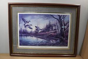 lot 106 image: 1983 Framed Terry Redlin Print Backwoods Cabin