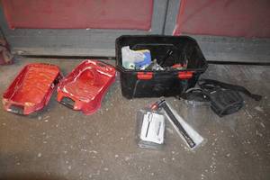 lot 243 image: Assorted Hardware - Paint Trays, Tool Belt, Face Shield, Tools