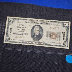 lot 28 image: 1929 Series Bank of Seattle, Washington $20 Bill Note, Low Serial #