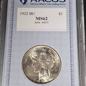 lot 59 image: 1922 BU Peace $1  AACGS MS62