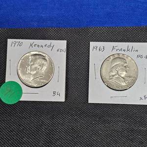 lot 91 image: 1963 Franklin XF, 1970 Kennedy 50c BU