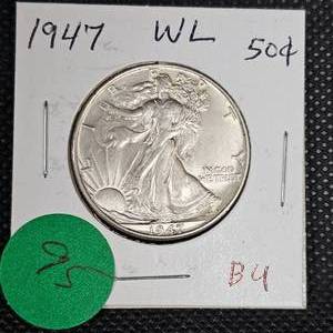 lot 95 image: 1947 Walking Liberty BU, almost AU nice