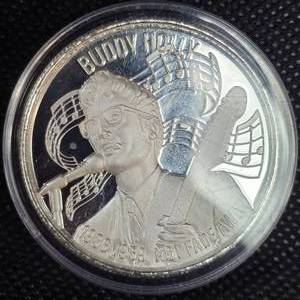 lot 107 image: Buddy Holly 2 oz Silver Round, American Music Icons