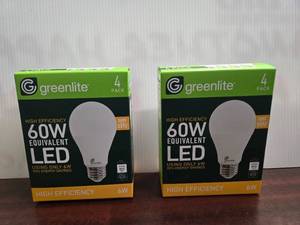 lot 138 image: Lot of 8 LED Greenlite 60W Equivalent Light Bulbs (4 packs in each of the two  boxes) New