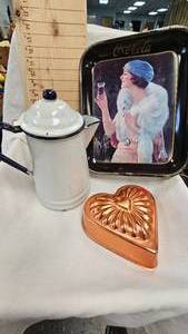 lot 58 image: Enamal Coffee Pot, Heart Dcor, Coca-Cola Tray
