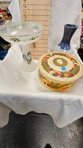 lot 62 image: Handpainted Pedastal Stand, Tin Container, Vase