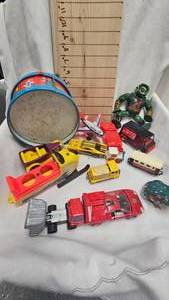 lot 96 image: Vintage Toys, Glass Candle Holders, and toy drum