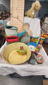lot 116 image: Tin Pails, Mohair Lion Toy, Spin Top, Metal Toy Well Pump