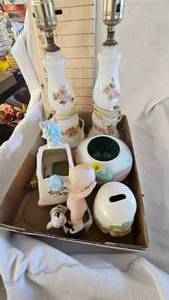 lot 130 image: Pair of Hand Painted Lamps, Planters, Irish Coin Bank