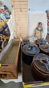 lot 131 image: Crock Jars with Lid, Vintage Cloth Doll, Wood Drawer