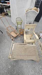 lot 140 image: Wicker Plant Stand, Wood Toy Bed, Wicker Stroller and Chair