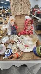 lot 148 image: Broaches, Pins, Gramma & Grampa Dolls, Sugar and Creamer