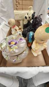 lot 156 image: Hand Painted Glass Powder Box Dresser(hinge Broke), Dog Statues and Planter