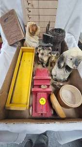 lot 157 image: Wood Truck and trailer, Dog Statues, wood Box