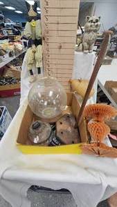 lot 158 image: Cat StatueFigure, oil Lamp Base, Fish Bowl Planter, Wicker Pig Coaster Set