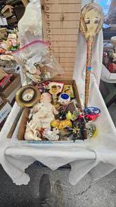 lot 167 image: Folkart Hand Mirror, Porcelain Doll and Vintage Figurines, Tin Cat Toy