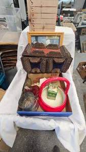 lot 212 image: Wood Box, Red Handled Planter and Additional Vintage