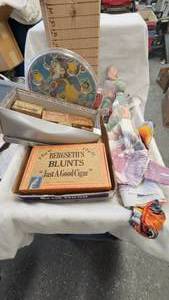 lot 224 image: Wood Blocks, Cigar Box, Cloth Dolls and Arcball