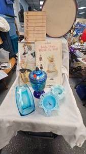 lot 197 image: Fenton 100 Years Vase and Blue Dishes, Etc