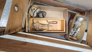 lot 200 image: Meat Grinder, Barrel Tappper, Clock, Wood Box and Misc