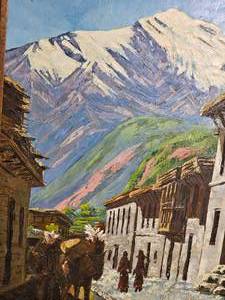 lot 27 image: Nepalese Oil Landscape signed Amir Chitrakar