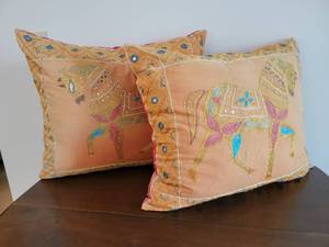 lot 93 image: Embroidered Indian Motif Horse Pillows, pair