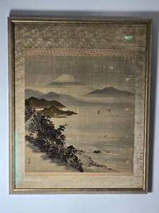 lot 18 image: Breathtaking Japanese Fine Art Kakejiku Hanging Scroll - Mount Fuji Over Winter Ocean