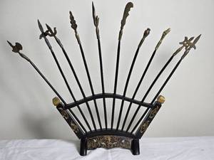 lot 81 image: Antique Vietnamese Decorative Weapon Rack with Handpainted Carved Accents