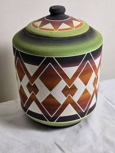lot 53 image: Vibrant Sioux Fine Art Ceramic Lidded Vessel