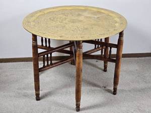 lot 79 image: Breathtaking Turkish Brass Hammer Etched Round Accent Table