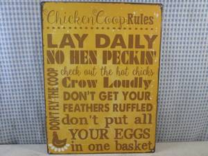 lot 84 image: (EC1) Metal Chicken Coop Rules Sign...