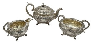 Antique Early 19th Century (1821) James Scott Dublin Irish Sterling Silver Claw Footed Tea Pot (Crowned Harp Hallmark) with Sugar Bowl & Cream Jug (1,624 grams Total Weight)