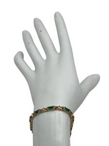 14K Gold Round Diamonds & Emerald Tennis Bracelet (7-inch), 66 Diamonds, 11 Emeralds, (10.6 Grams Total Weight)