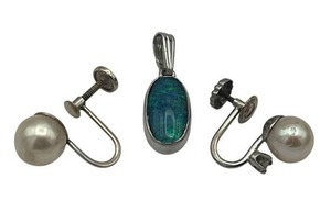lot 11 image: Vintage 14K White Gold & Pearl Screw Back Earrings and 14K White Gold & Opal Pendant (3.7 Grams Total Weight)