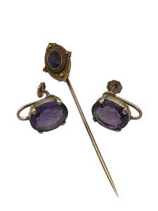 lot 9 image: Vintage 14K Gold & Amethyst Screw Back Earrings and Stick Pin (5.8 Grams Total Weight)