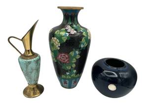 lot 41 image: Wonderful Vintage Delft Brass and Ceramic Pitcher, Black Chinese Cloisonne Vase (10.5 tall), and Vintage Otagiri OMC Midnight Blue Pottery Vase