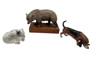 lot 43 image: Vintage Cybis Porcelain Grizzly Bear (7.5 Long x 4.25 Tall), Royal Copenhagen #729 Polar Bear, and Hagen Renaker Benny Basset Hound