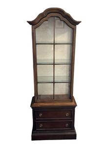 lot 42 image: Vintage Brandt Furniture Company French Country Display Curio Cabinet with Working Light (67 x 24 x 11.5) - Bring Help To Remove
