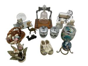 lot 45 image: Wonderful Vintage Collectibles Lot including Royal Worcester (England) Egg Coddlers, Brass Camels, Exotic Paperweight, and More