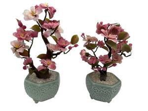 lot 49 image: Vintage (Made for Gumps) Japanese Faux Cherry Blossom Bonsai Tree Decorations (Tallest is 9.5)