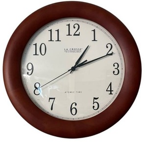 lot 57 image: La Crosse Technology 12.5-inch Cherry Wood Atomic Wall Clock in Working Condition