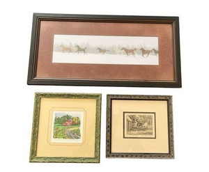 lot 59 image: Nice Collection of Framed Wall Art - Farm Yard by Elizabeth Norton, Vicki Stromberg, and Galloping Horses (11.5 x 23.5 Frame)