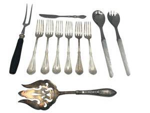 lot 90 image: Vintage Stainless Steel Flatware including Inox (France) Mother of Pearl, Nicht Rostend, Weighted Sterling Handle Serving Fork, and More