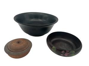 lot 91 image: Vintage 10.5 Genuine Mahogany Bowl with Sterling Silver Base (Brooklyn, NY), Wood Carved Trinket Box, and Hand Painted Wood Floral Bowl